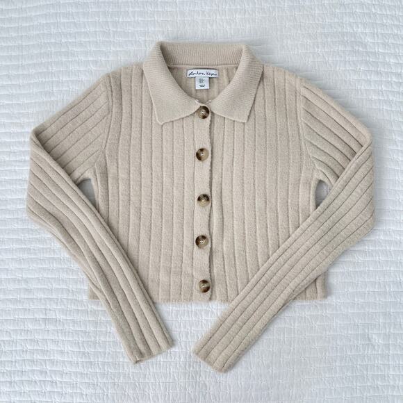 London Kaye Sweaters - New London Kaye Long Sleeve Cropped Button Up Knit Sweater Top Cream Tan Size S